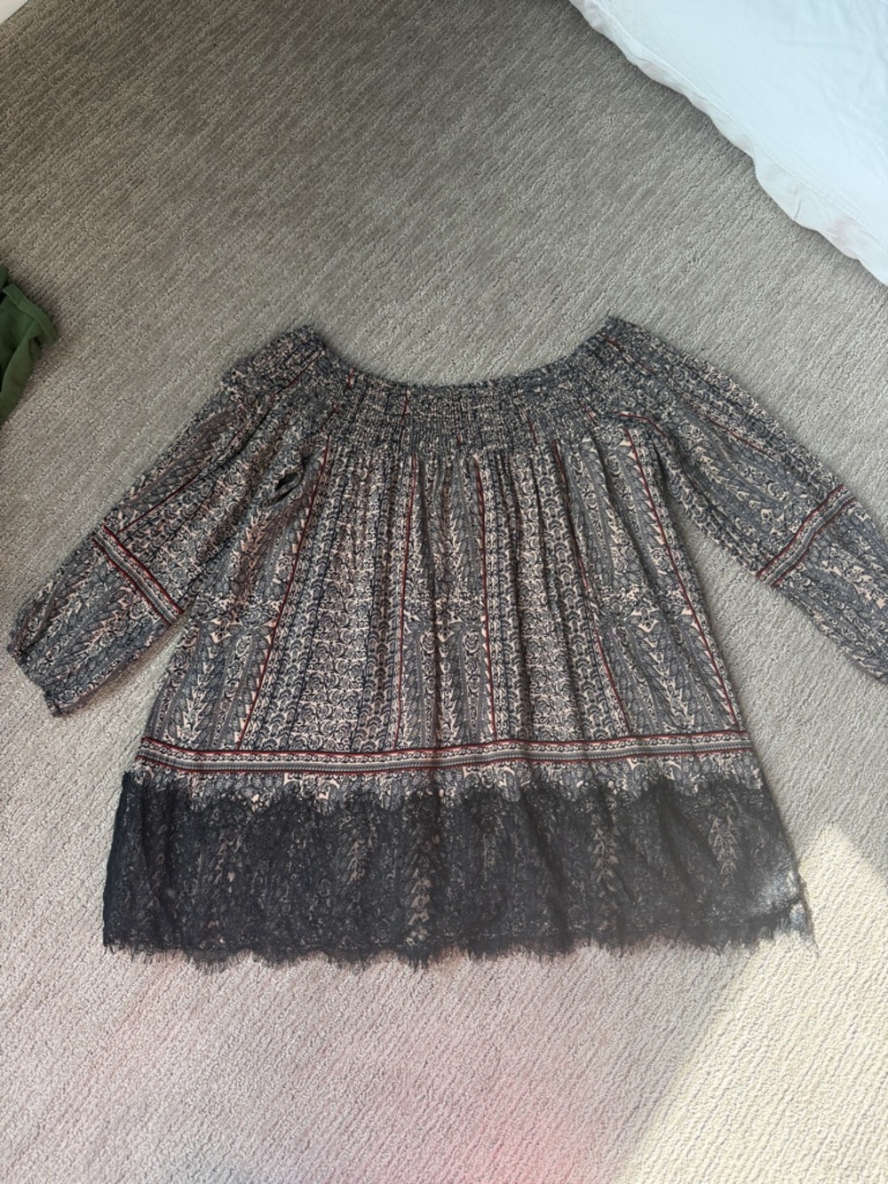 Anthropologie Black Patterned Off-Shoulder Blouse with Lace Trim